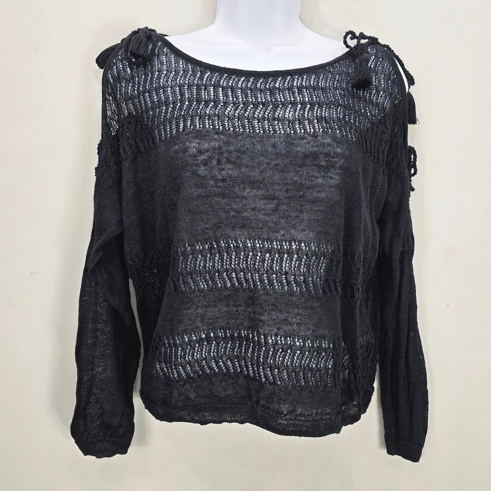 Sezane‎ Open Knit Sweater XS 100% Linen Tassel Semi Sheer Festival Beach Boho
